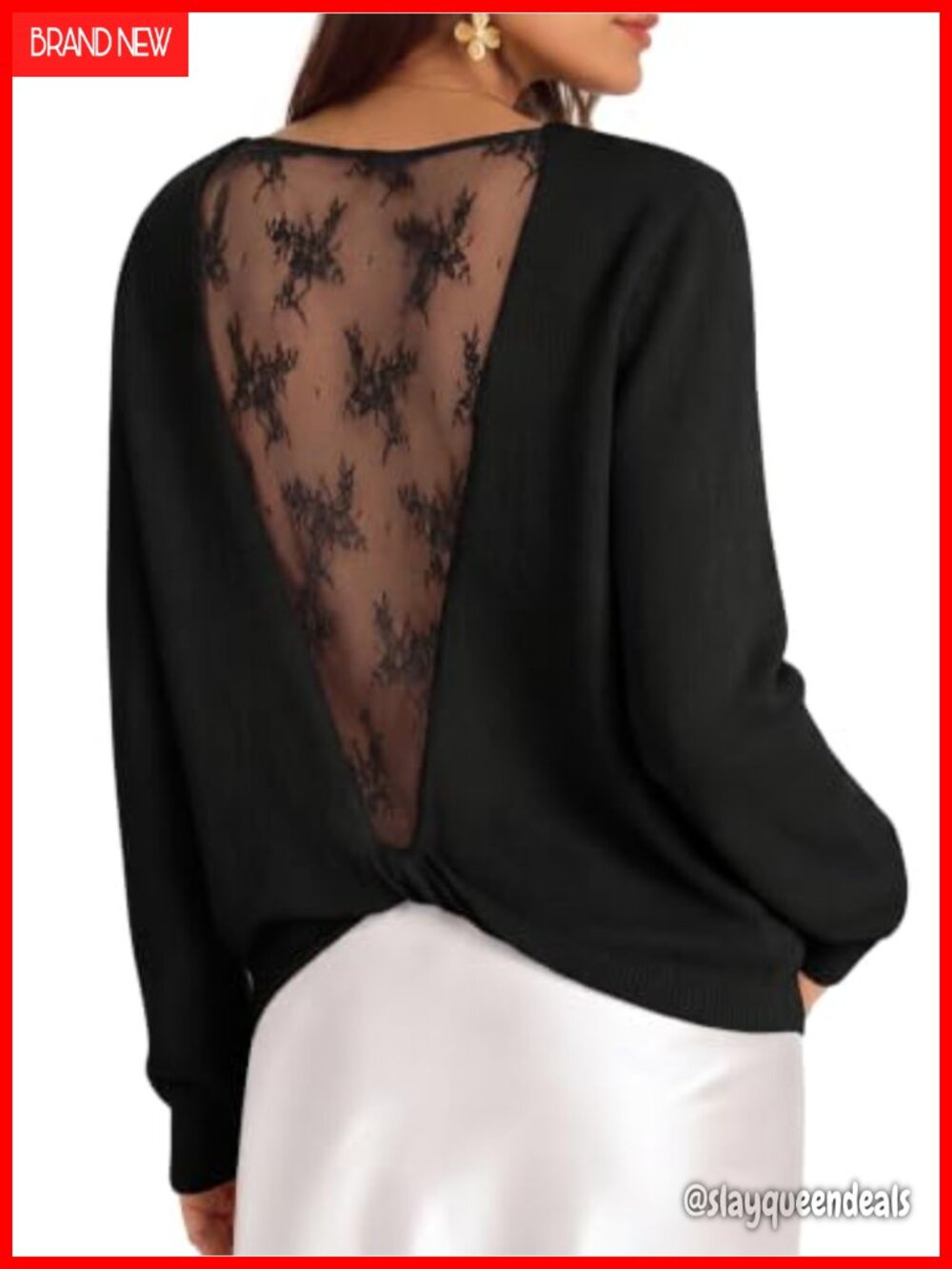 Lace Back Knit Pullover Sweater Crew Neck Long Sleeve Fall Winter Top